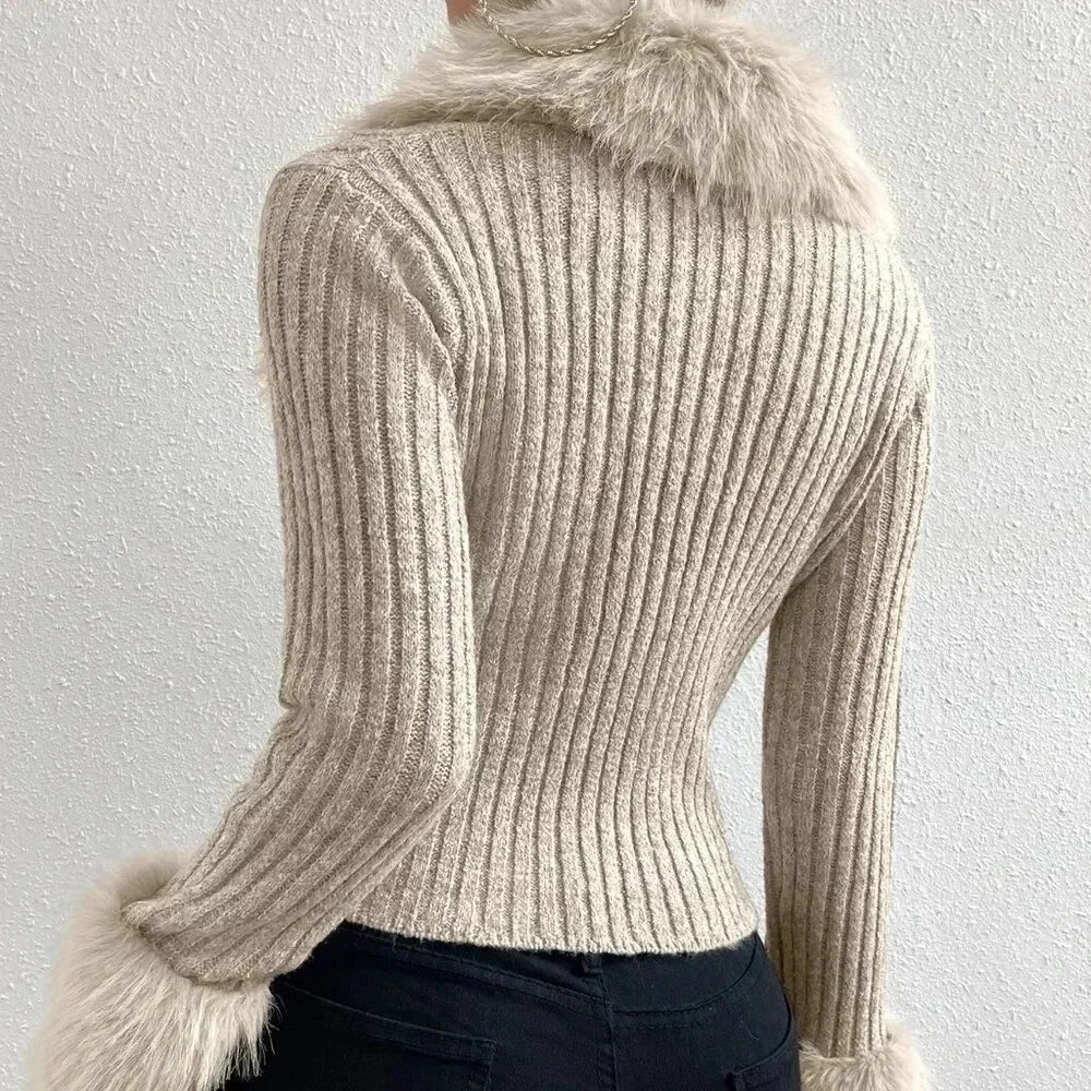 Apricot Elegant Women's Fuzzy Collar Ribbed Knit Cardigan - Picture 2 of 8